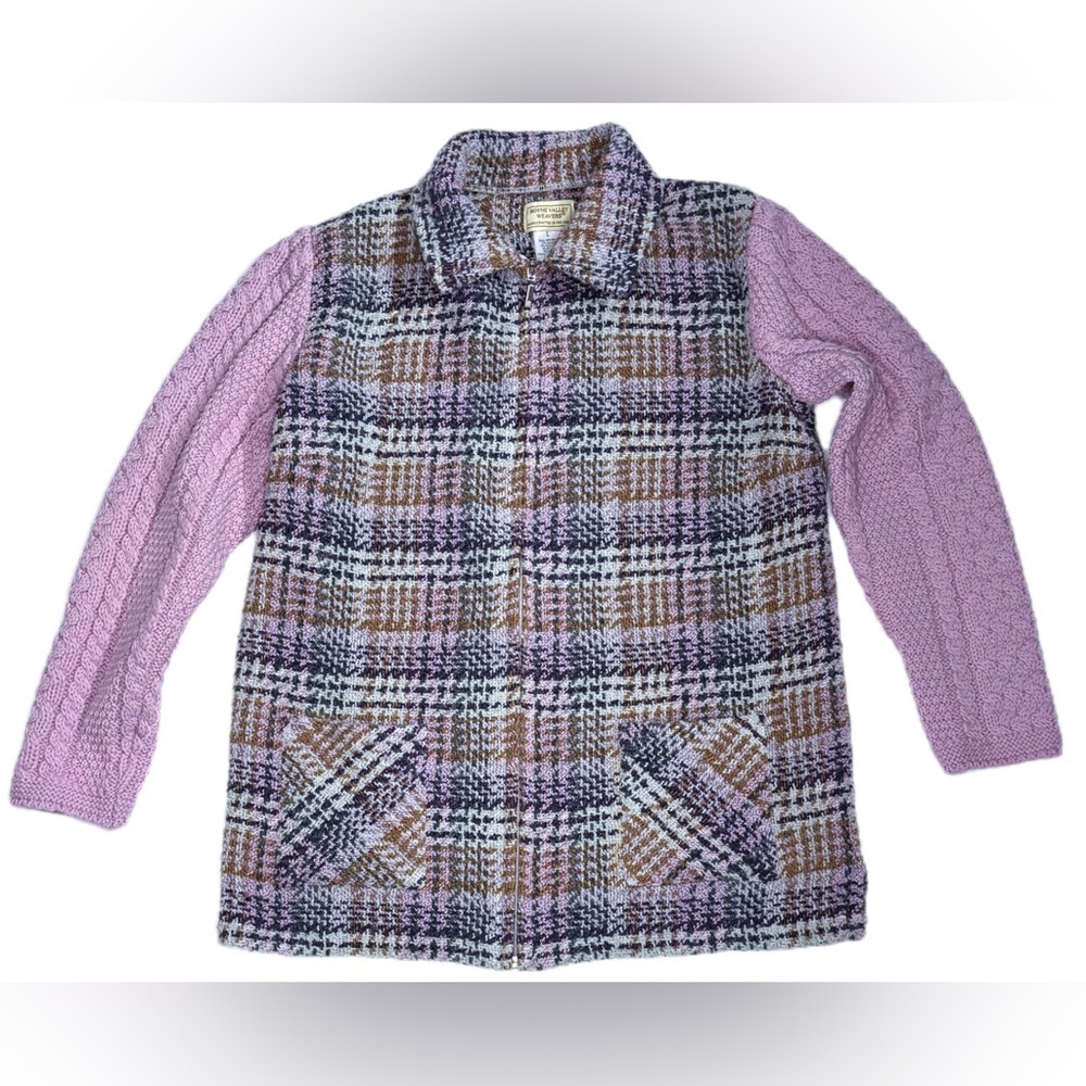 Boyne Valley Weavers Plaid Full Zip Sweater Jacket Large Lavender Sleeves